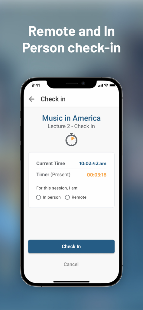 Qwickly Attendance - Qwickly 출석 앱 화면으로, 학생이 음악 강의에 참석하거나 원격으로 참석하기 위한 옵션과 타이머 및 체크인 버튼 표시