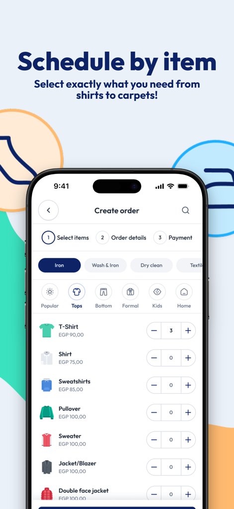 Z-Laundry - Z-Laundry App-Bildschirm zur Auswahl einzelner Kleidungsstücke wie T-Shirts und Hemden für den Wäscheservice