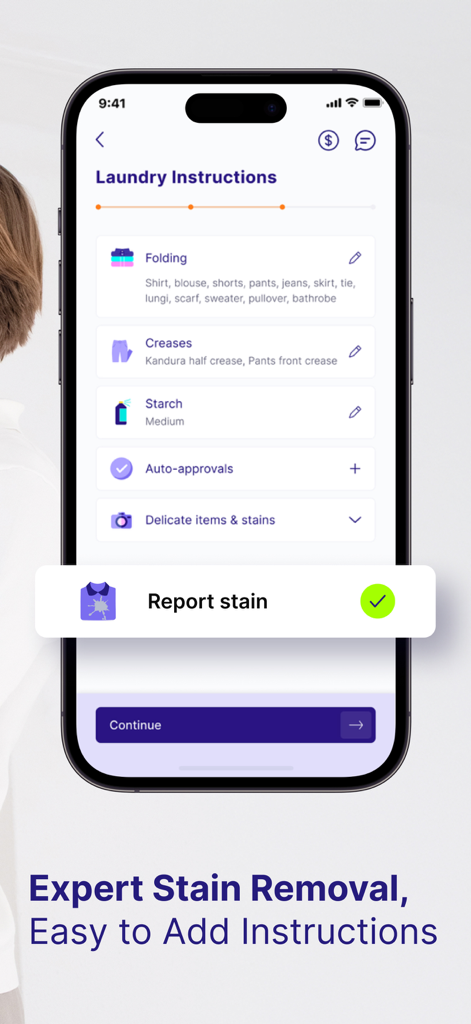 Washmen & The Finery - Washmen app screen displaying laundry preferences and stain reporting options