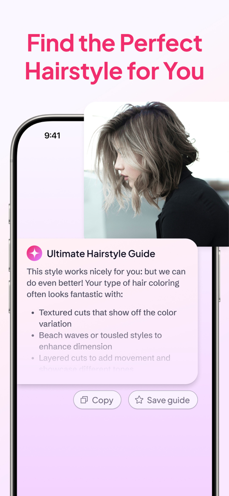 GlowX: AI Beauty & Makeup Tips - A personalized hairstyle guide in the GlowX app recommending cuts and styles based on hair color analysis.
