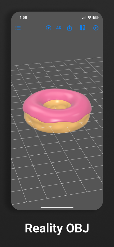 A 3D pink donut model previewed in the Reality OBJ app interface.