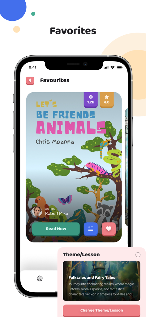 Story Mii - A mobile interface for the Story Mii app showing a favorite children's book titled Let's Be Friends Animals and a customization menu for themes and lessons.