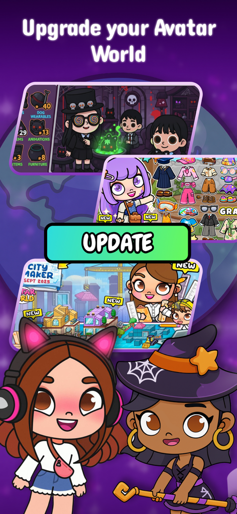 Una pantalla promocional para Avatar World Cute Game Mods que muestra atuendos de personajes, habitaciones temáticas y un botón de actualización para construir ciudades.