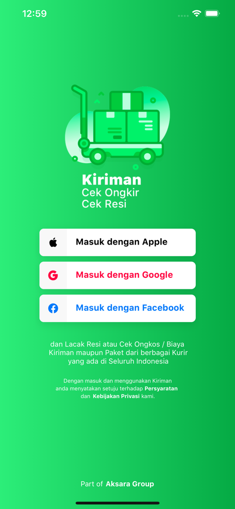 Kiriman: Cek Resi & Ongkir - Kiriman app login screen with options to sign in using Apple Google or Facebook for tracking Indonesian shipments