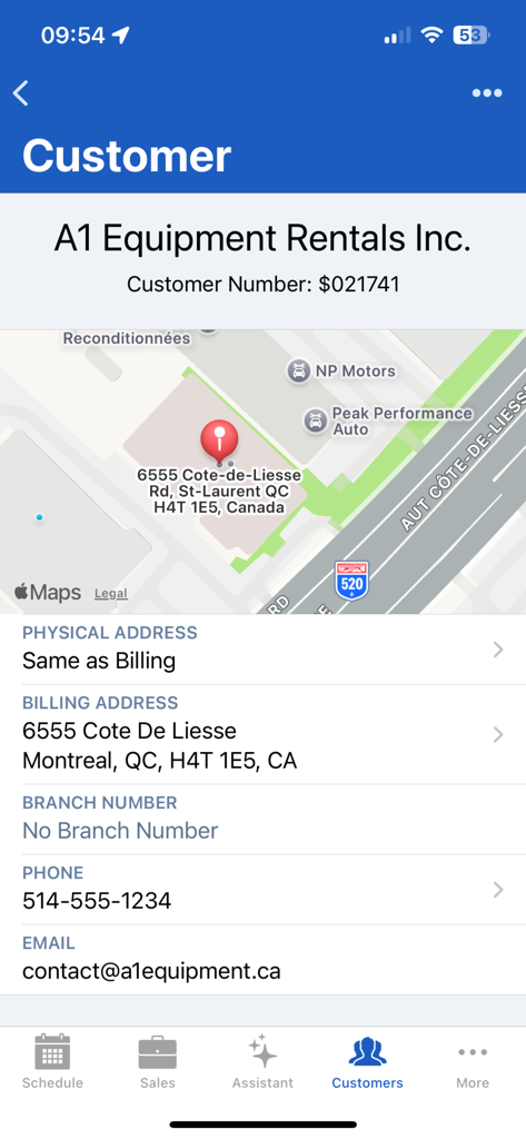 SalesLink Flex - SalesLink Flex app displaying customer profile details including address and map