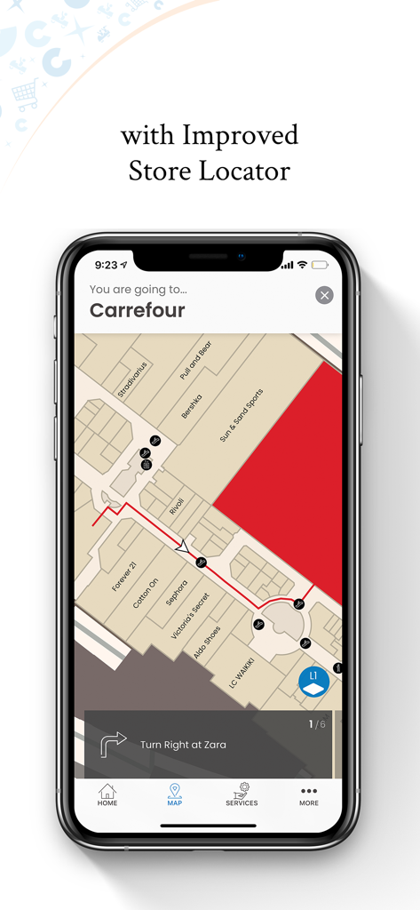 City Centres - Mobile app screenshot showing an indoor mall map with navigation instructions and store locations