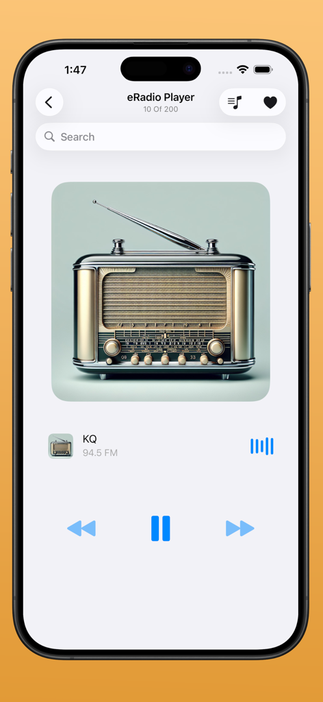 Radio FM & AM Streaming - Interfaz de la aplicación eRadio Player con una imagen de radio retro y controles de reproducción.