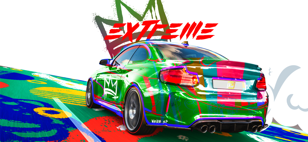 PetrolHead Extreme Car Driving - A green sports car with vibrant graffiti style wraps and colorful paint decals