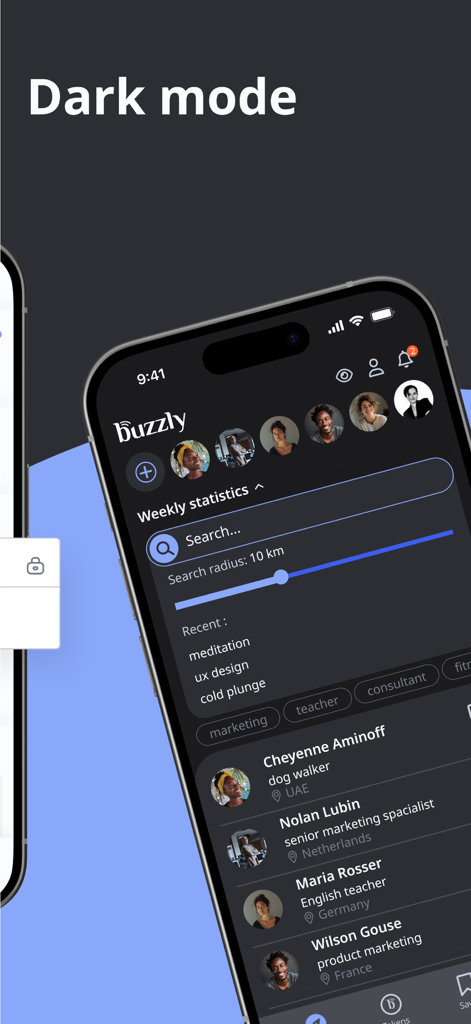 Buzzly app interface in dark mode showing nearby people and social search filters
