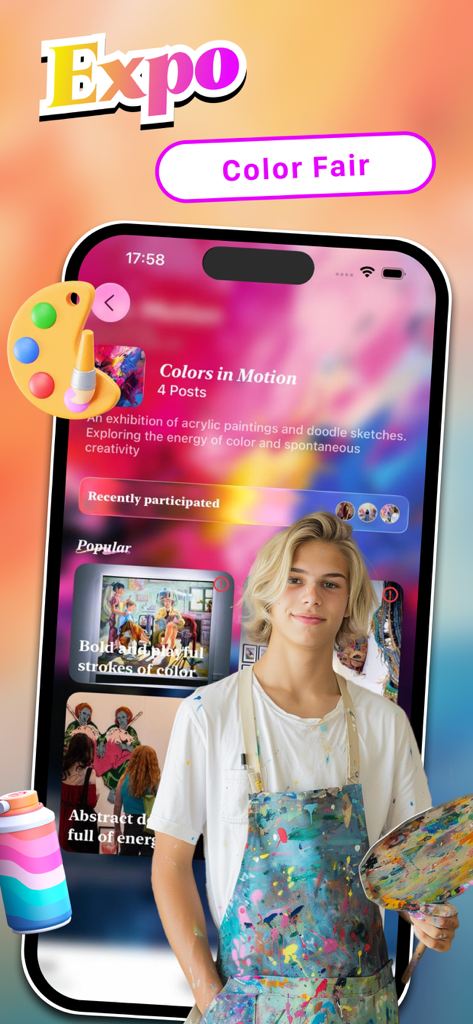 A screenshot of the Tinko app featuring a digital art expo and a young creator