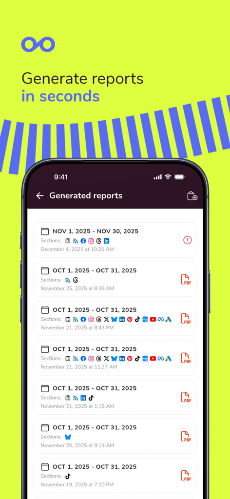 Metricool - Metricool mobile app showing a list of generated social media analytics reports