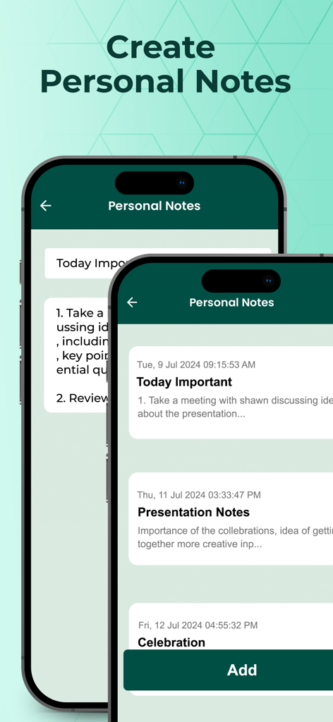 Whatscan - Whats Scan Web - Screenshot of the Personal Notes feature in the Whatscan app showing a list of saved notes and an add button.