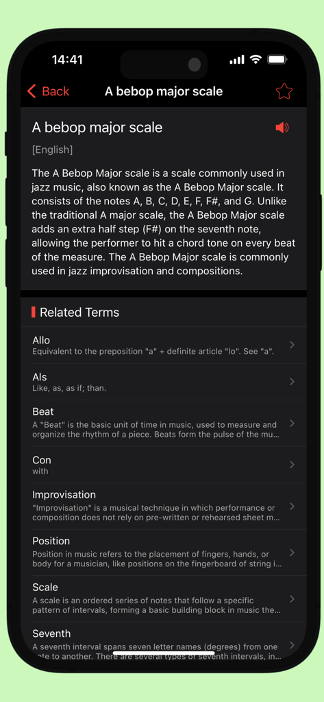 Music Dictionary - Music Terms - A screenshot of the Music Dictionary app showing the definition of the A bebop major scale and its related music terms.