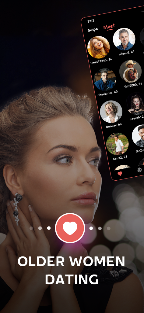 Mature Women Dating - OlderD - Interfaz de la aplicación OlderD con mujeres maduras y perfiles de usuario para conocer solteros locales