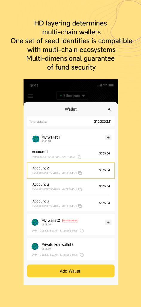 BSC Wallet: Web3 BNB chain - BSC Wallet Mobile App-Oberfläche mit Multi-Chain-Konten und Gesamtguthaben.
