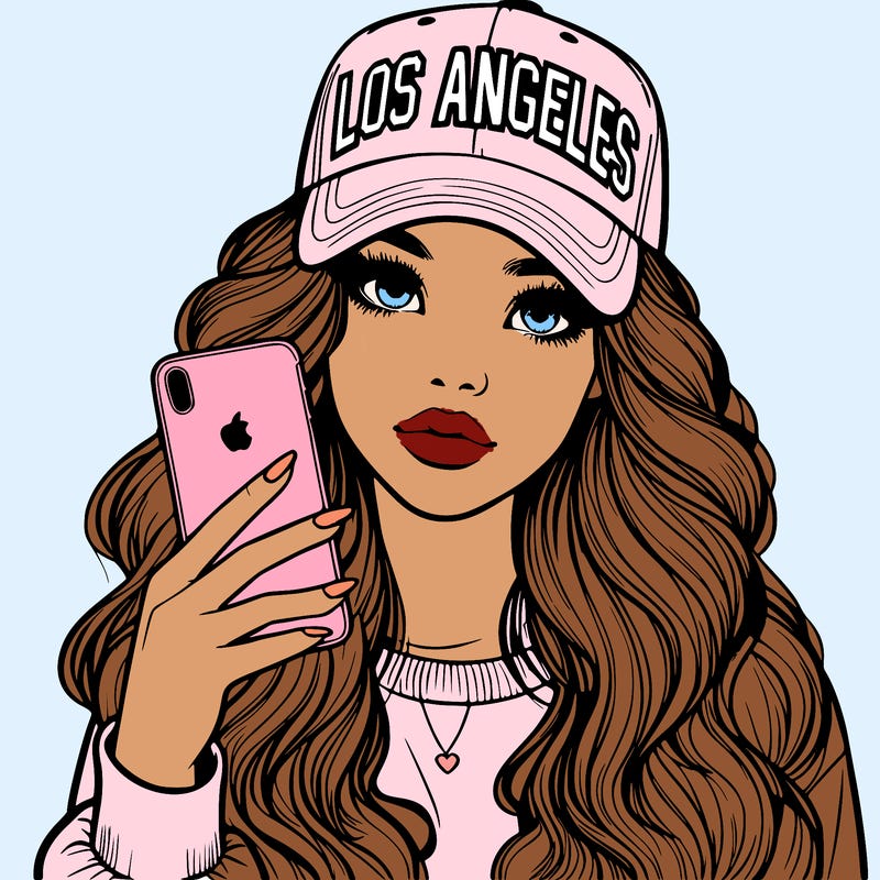 realistic beautiful girl wearing los ángeles cap holding an iphone