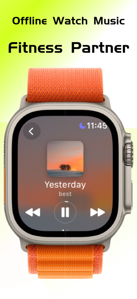 iPlayer - Offline Music Player - iPlayer music player interface displayed on an Apple Watch with an orange sport band for offline fitness listening