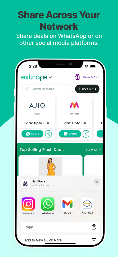 ExtraPe: Affiliate Marketing - ExtraPe app screen showing options to share brand deals on WhatsApp and Instagram for affiliate earnings.