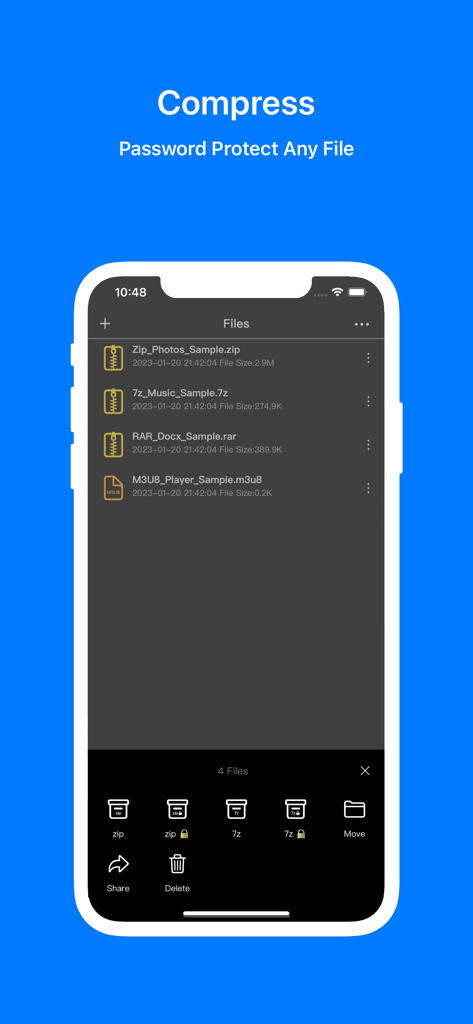 Zipym Lite app screenshot showing file compression and password protection options for zip and 7z formats