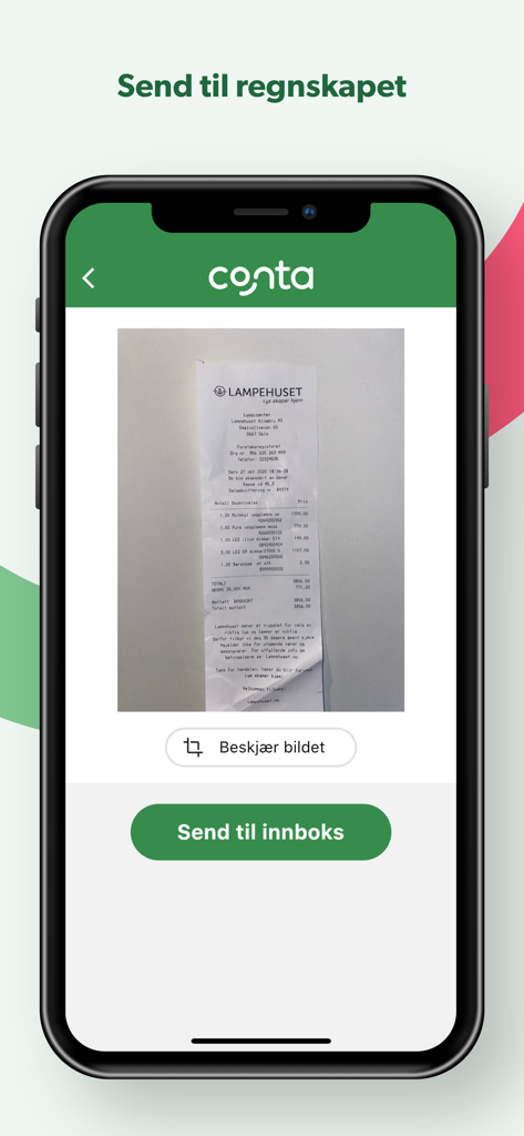 회계로 보낼 준비가 된 스캔된 영수증을 보여주는 모바일 앱 인터페이스