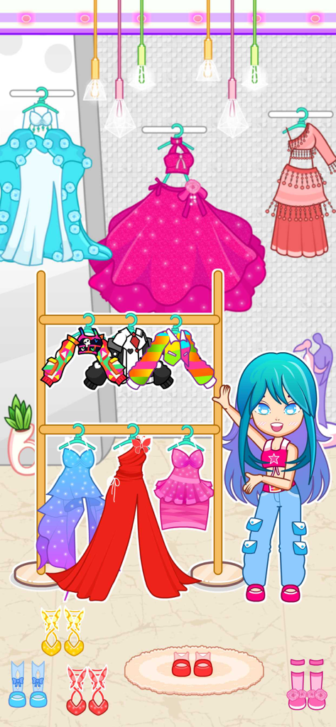 A girl character standing in a digital closet with various colorful outfits and dresses on a clothing rack