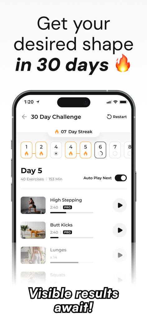 Butt Workout - BootyQ - Interfaz de la aplicación móvil BootyQ que muestra un desafío de glúteos de 30 días con listas de ejercicios y un rastreador de rachas de 7 días