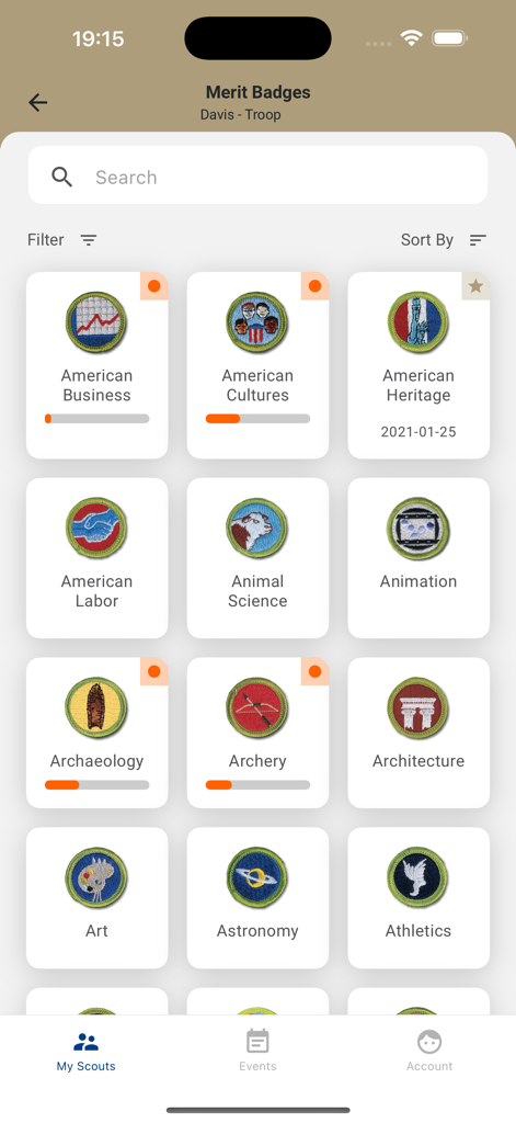 Scouting - Mobile app screen showing a grid of Boy Scouts of America merit badges with individual progress bars