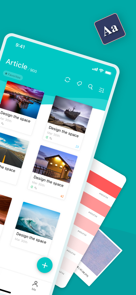 Interfaccia mobile dell'app di scrittura Zine che mostra una griglia di articoli e strumenti di design.