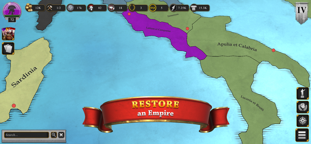 Romans: Age Of Caesar - Strategic map of Italy and Sardinia in Romans Age of Caesar with a banner saying Restore an Empire