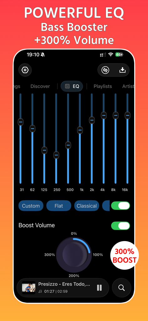 Offline Player: Music & MP3 - Offline Player app screen showing professional equalizer and volume boost settings