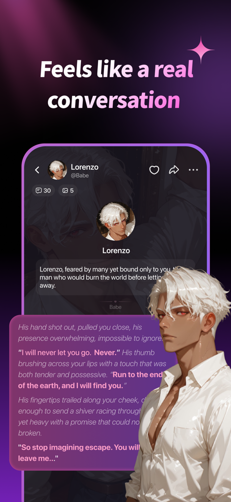 CraveU AI: Roleplay Chat - KI-Rollenspiel-Chat-Oberfläche mit einem Anime-Charakter namens Lorenzo mit romantischen Dialogen