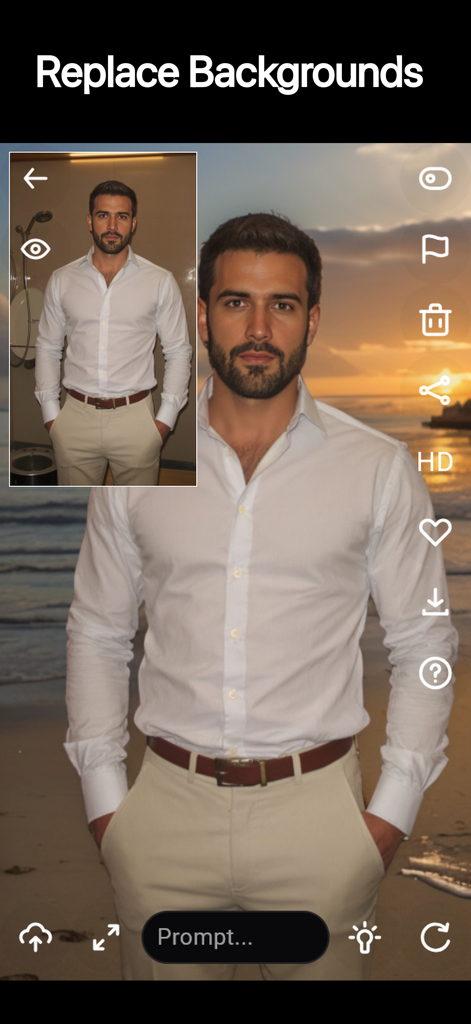 Riff - Fast AI Photo Edits - Before and after comparison of AI background replacement from a room to a sunset beach