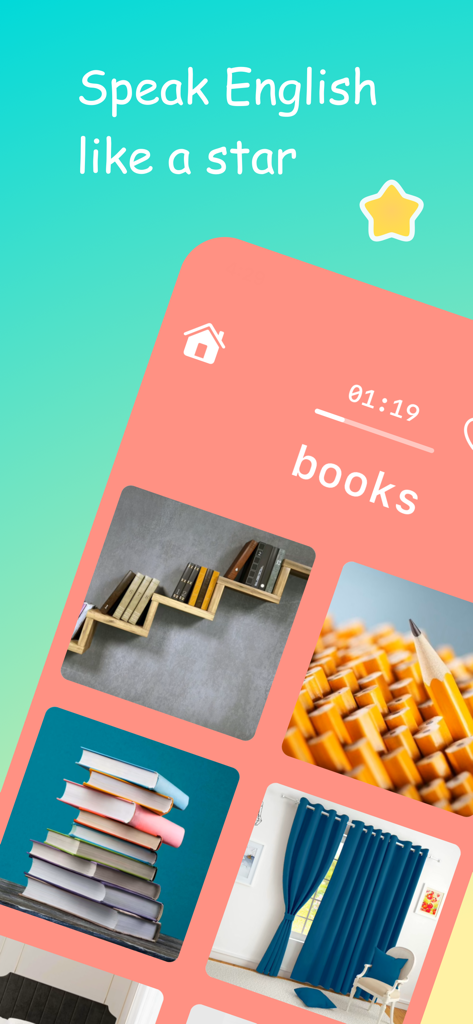 Learn English Playing Big Ben - A gamified English learning screen showing a vocabulary word matching exercise with images of books and household objects.