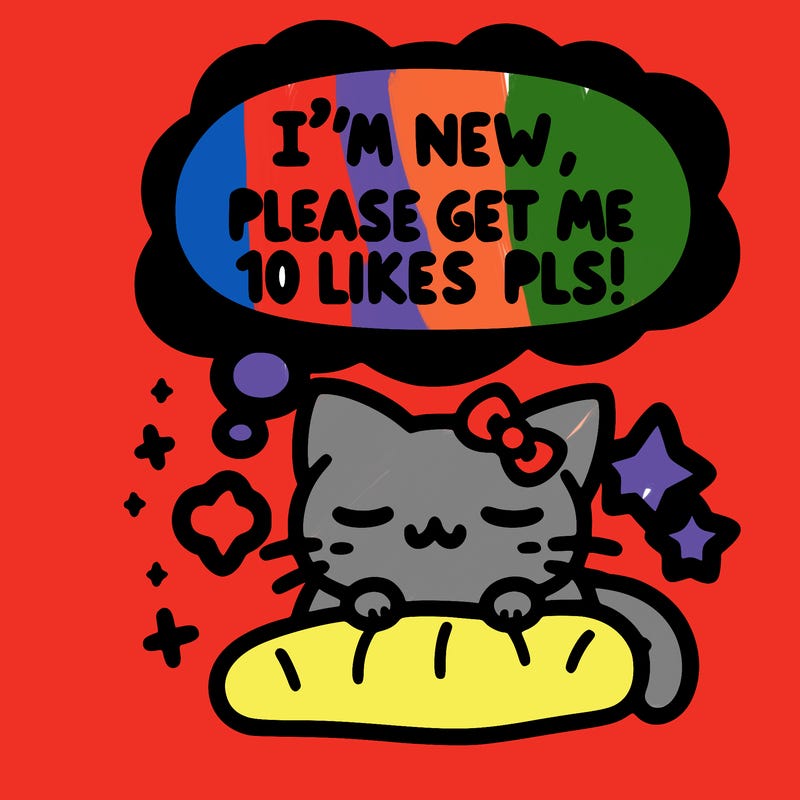 kitty taking a nap dream talking and saying "i'm new, please get me at least 10 likes pls!!"