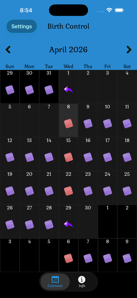 Visualização mensal do calendário do aplicativo de lembrete de pílula anticoncepcional em modo escuro, mostrando o histórico de medicação rastreada.