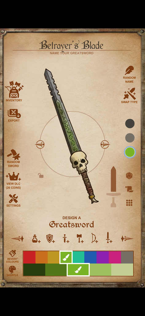Instant Armory - Mobile interface for designing a custom fantasy greatsword named Betrayers Blade