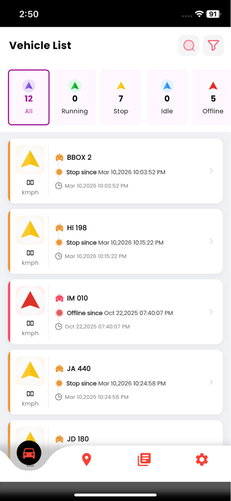 Shazcom Fiji - Lista de vehículos y panel de estado en la aplicación de gestión de flotas Shazcom Fiji