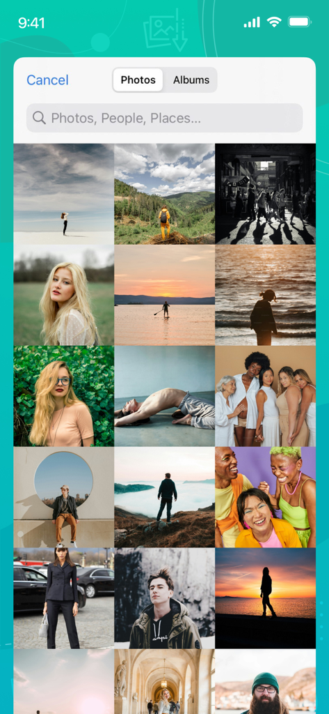 Image Converter JPEG PNG HEIC - Pantalla del iPhone mostrando una cuadrícula de fotos en la galería para seleccionar imágenes a convertir