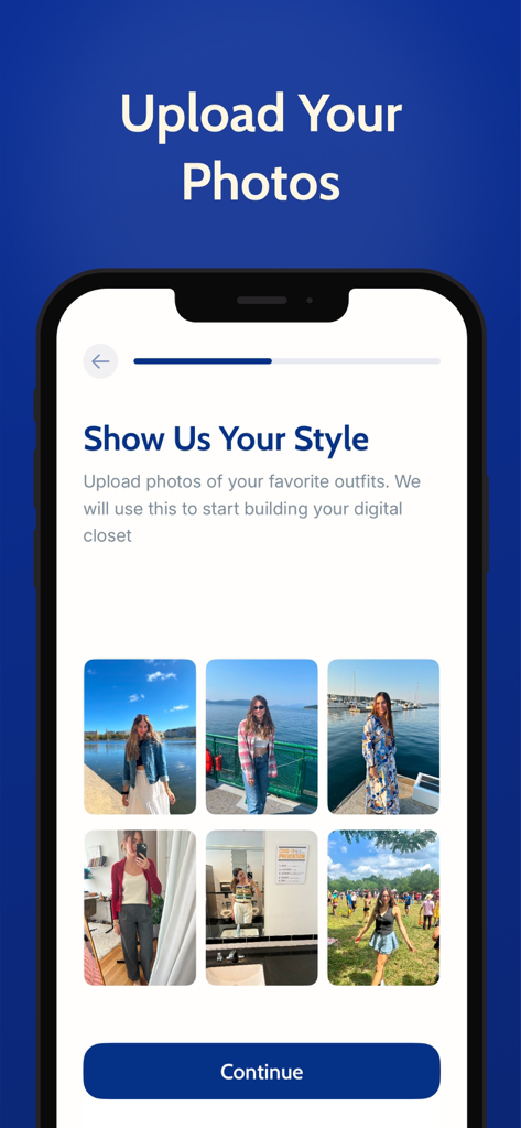 A mobile interface for Vesta Wardrobe showing the onboarding step where users upload photos of their favorite outfits to build a digital closet