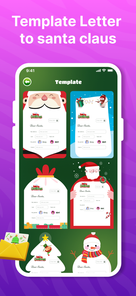 Mobile app screen showing various festive templates for writing letters to Santa Claus