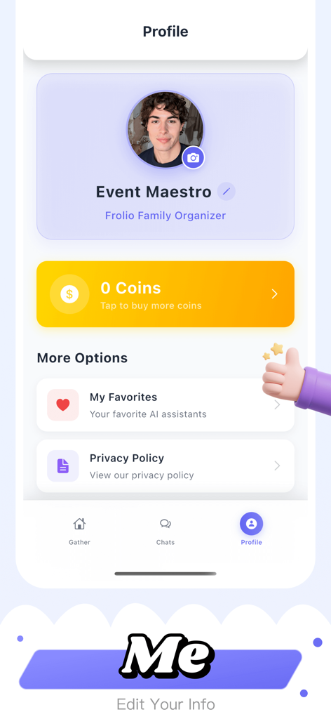 Página de perfil de la aplicación de planificación de reuniones Fromi mostrando la configuración del usuario y los favoritos