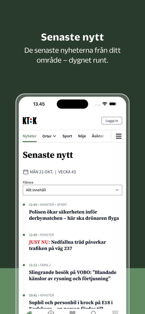 KT-Kuriren - KT-Kuriren mobile app interface displaying local Swedish news headlines