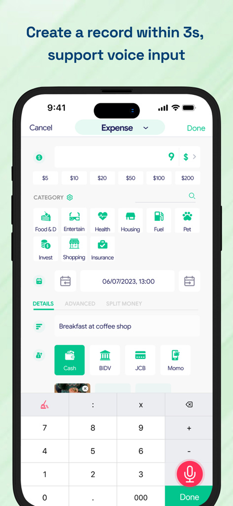 Budget Planner & Tracker: HeDa - Manual expense entry interface for HeDa Budget Planner featuring categories and voice input