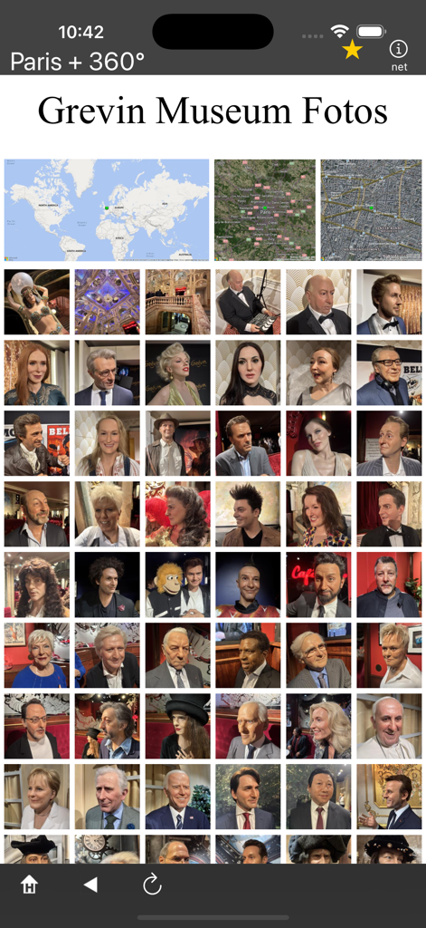 A photo gallery of celebrity wax figures at the Grevin Museum within the Paris 360 app