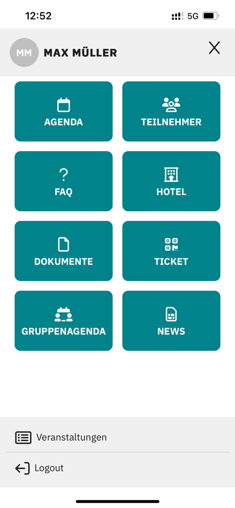 PHOENIX CONTACT Events - Haupt-Dashboard der PHOENIX CONTACT Events App mit Symbolen für Agenda, Teilnehmer, Dokumente und Tickets.