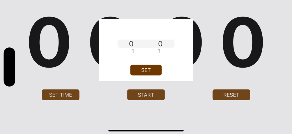 Big Timer app interface with extra large high contrast numbers and time setting popup