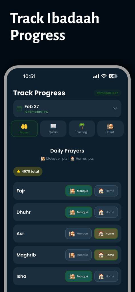 A interface de acompanhamento de orações do aplicativo Desafio do Ramadã, mostrando botões para registrar orações diárias na mesquita ou em casa
