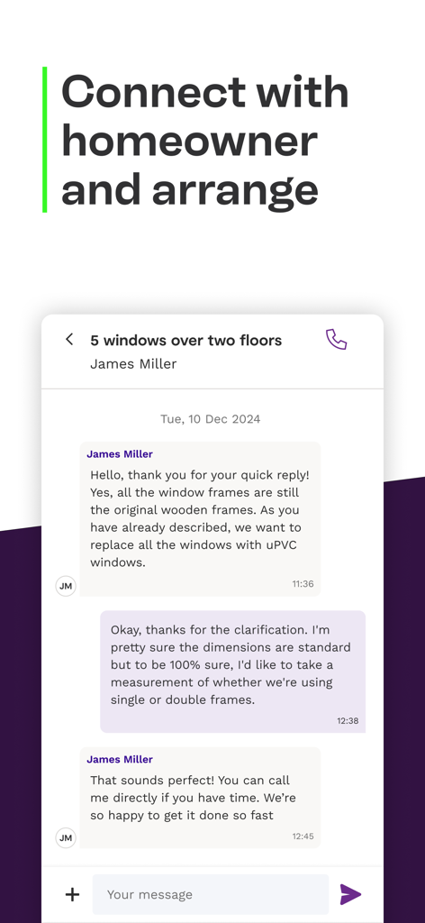 HomeStars for Pros app interface showing a chat between a contractor and a homeowner about a project.