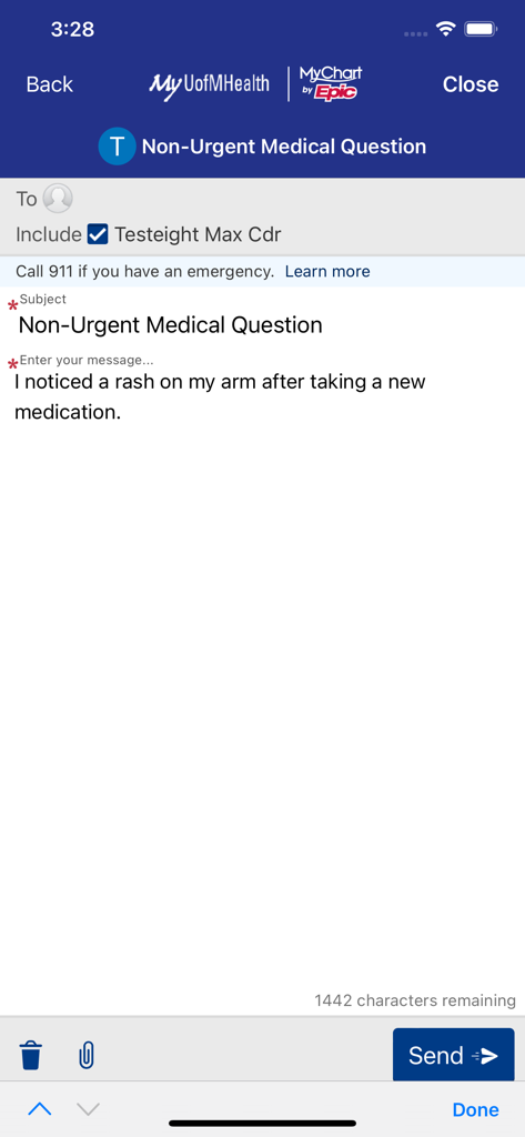 A screen in the MyUofMHealth app showing the interface for sending a non-urgent medical question to a doctor