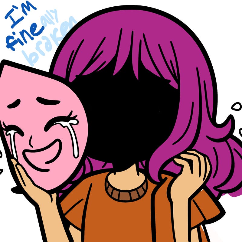 a girl crying with a smiling mask in her hand towards her face